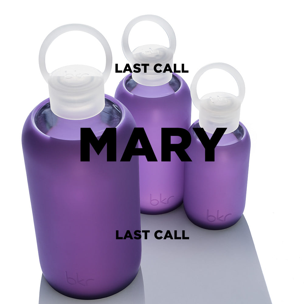 Assorted purple bkr reusable glass water bottles called Mary