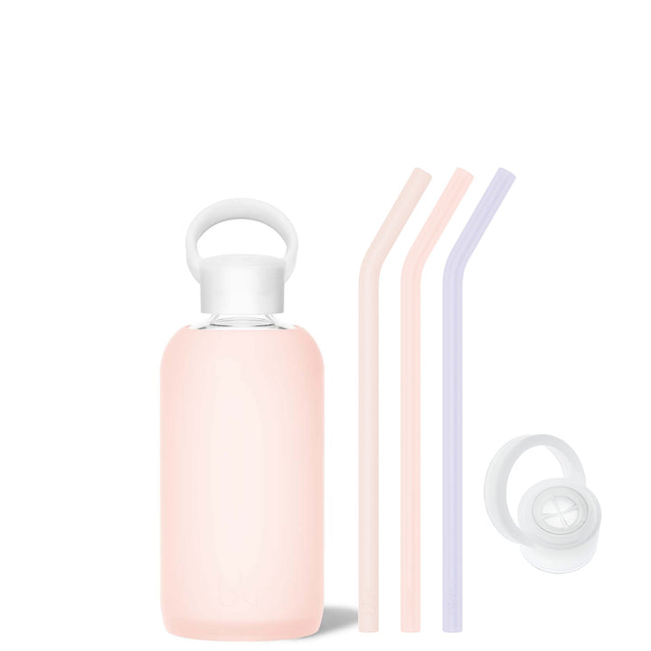 bkr Sip Kit: Silicone Straw + Cap + Glass Water Bottle: 32oz PARIS & COTTON CANDY - LITTLE BOTTLE SIP KIT 500ML (16 OZ)