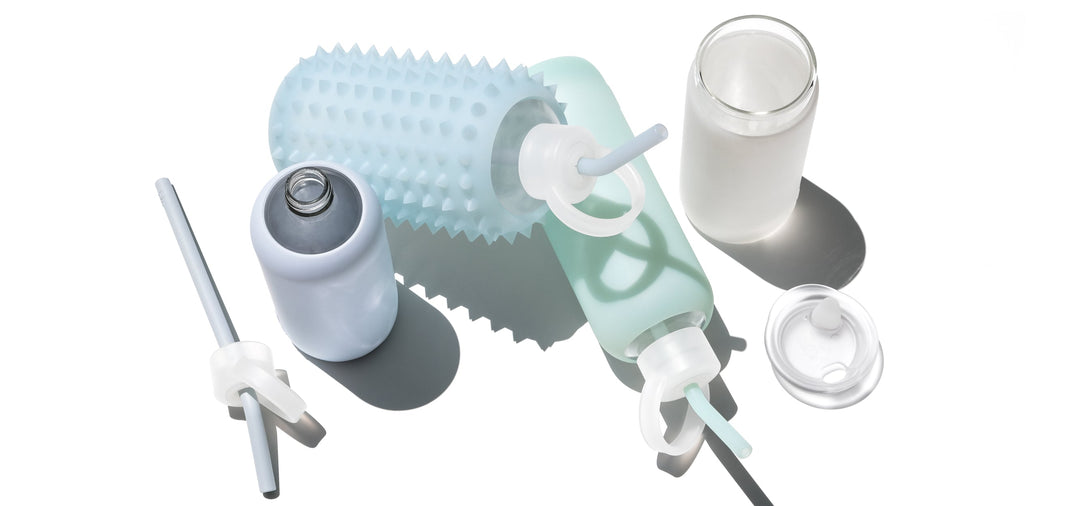 bkr glass and silicone water bottles with straw caps called Sip Kits