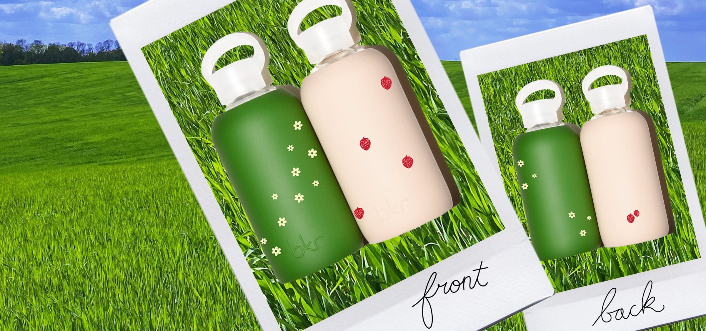 bkr glass and silicone water bottles in summer garden strawberry and daisy prints