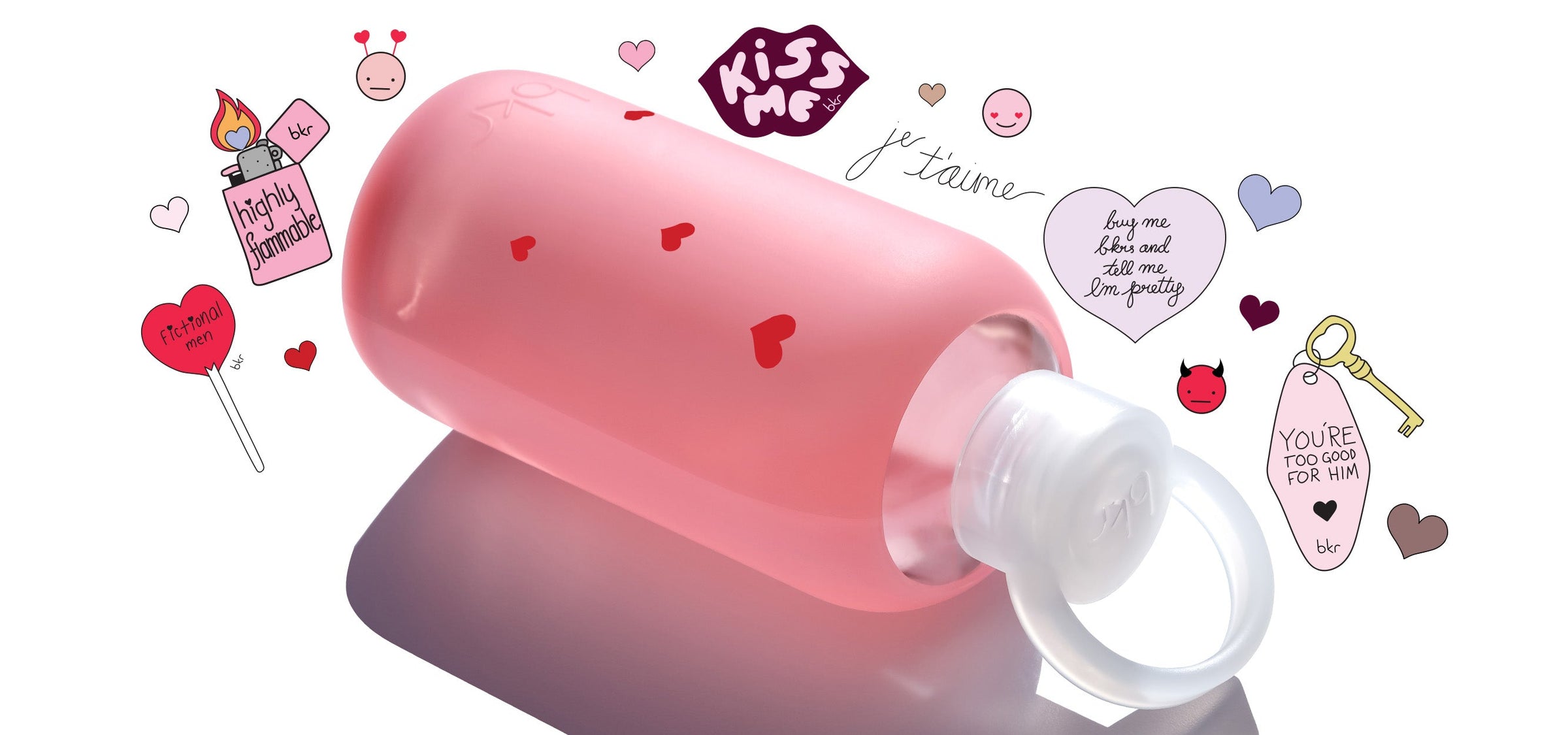 Reusable glass and silicone water bottles in sheer sugary warm pink with tiny red hearts print.