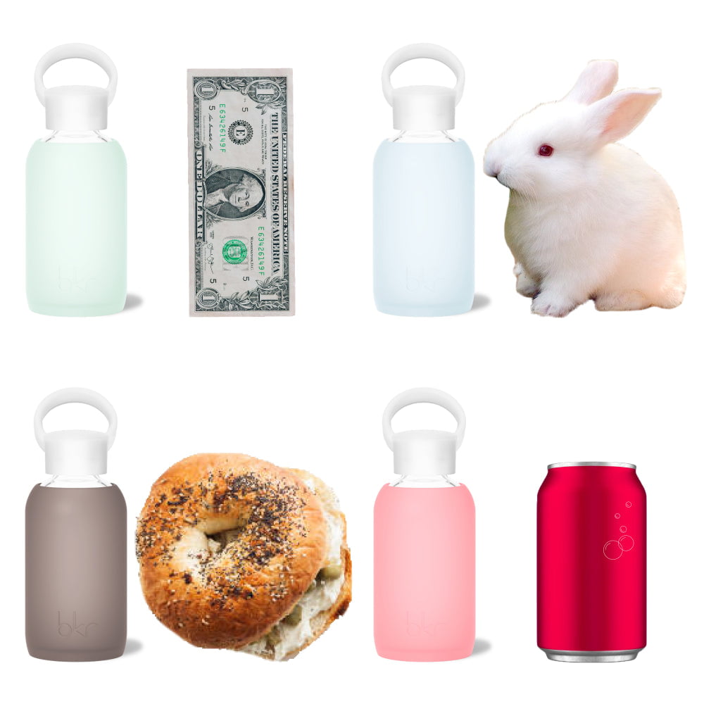 bkr glass and silicone reusable water bottles in sheer mint sea glass, sheer glacial milk blue, sheer sugary warm pink and sheer malt coco brown.