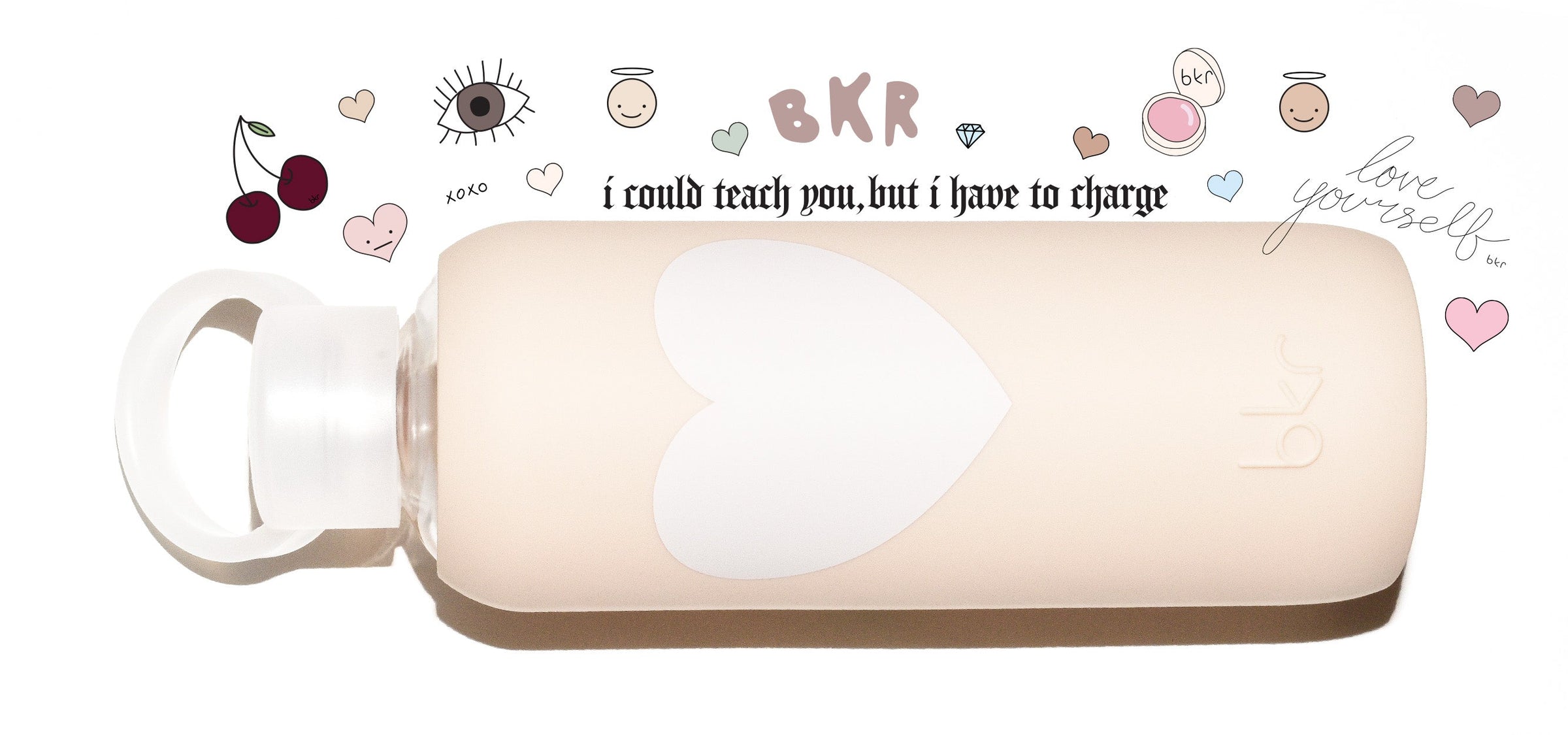 Reusable glass and silicone water bottles in opaque linen with seashell white heart. 