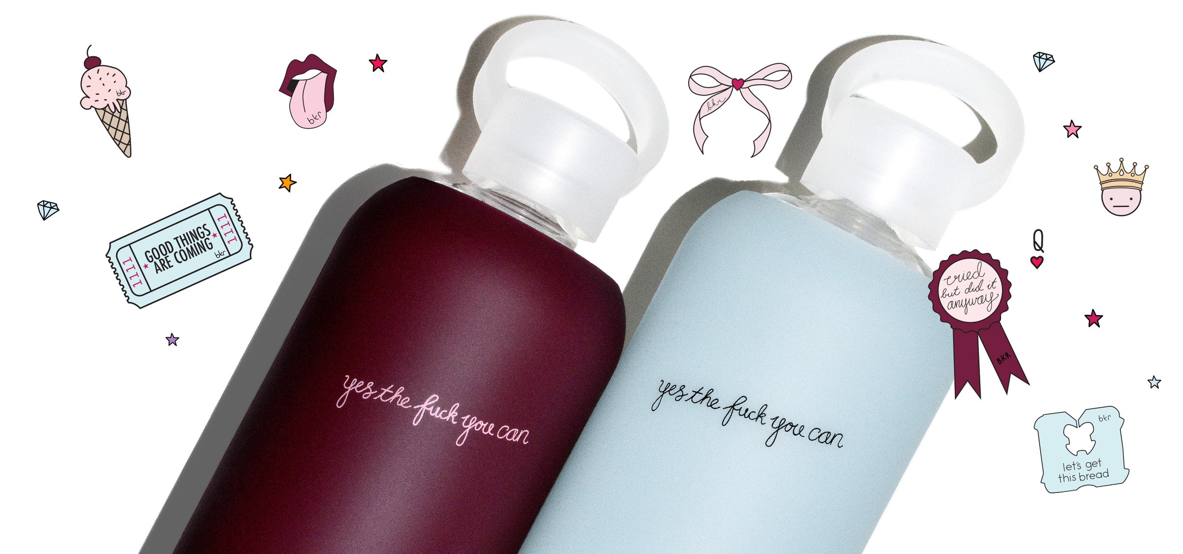 Reusable glass and silicone water bottles in demi sheer deep vampy blood burgundy and sheer sheer glacial milk blue with "yes the fuck you can" print.