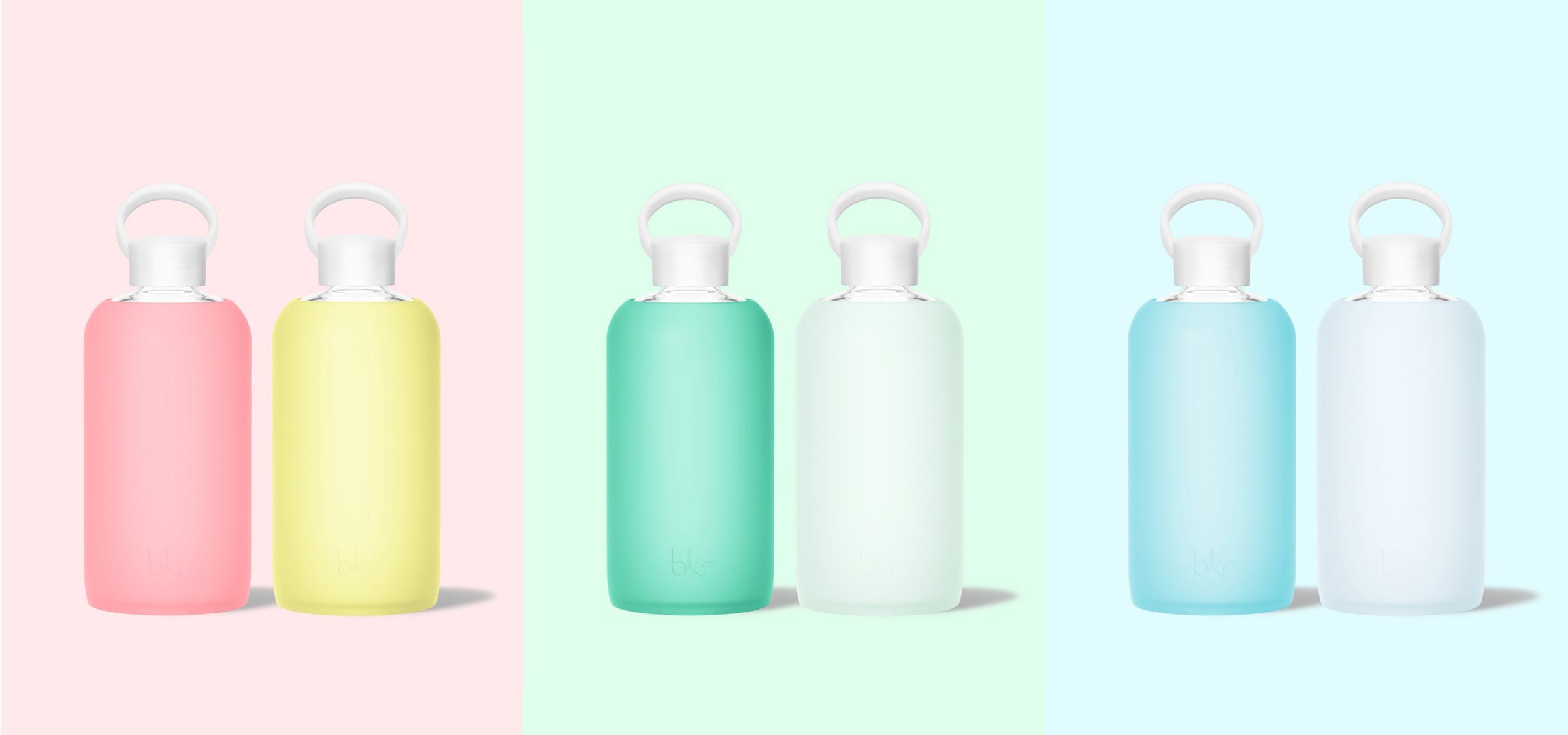 bkr glass and silicone reusable water bottle spring value sets: sheer sugary warm pink with sheer lemonade yellow, sheer tropical shallow sea green with sheer mint sea glass, and sheer arctic blue with sheer glacial milk blue.