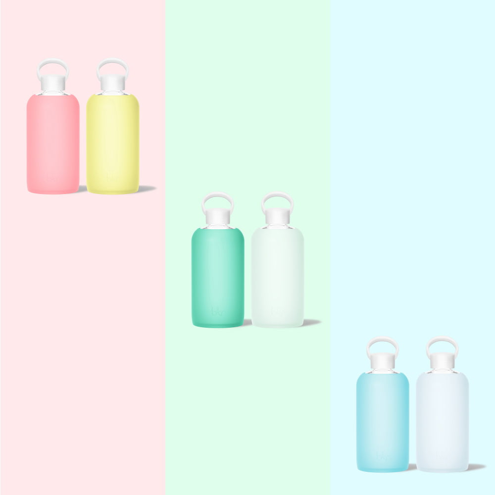 bkr glass and silicone reusable water bottle spring value sets: sheer sugary warm pink with sheer lemonade yellow, sheer tropical shallow sea green with sheer mint sea glass, and sheer arctic blue with sheer glacial milk blue.