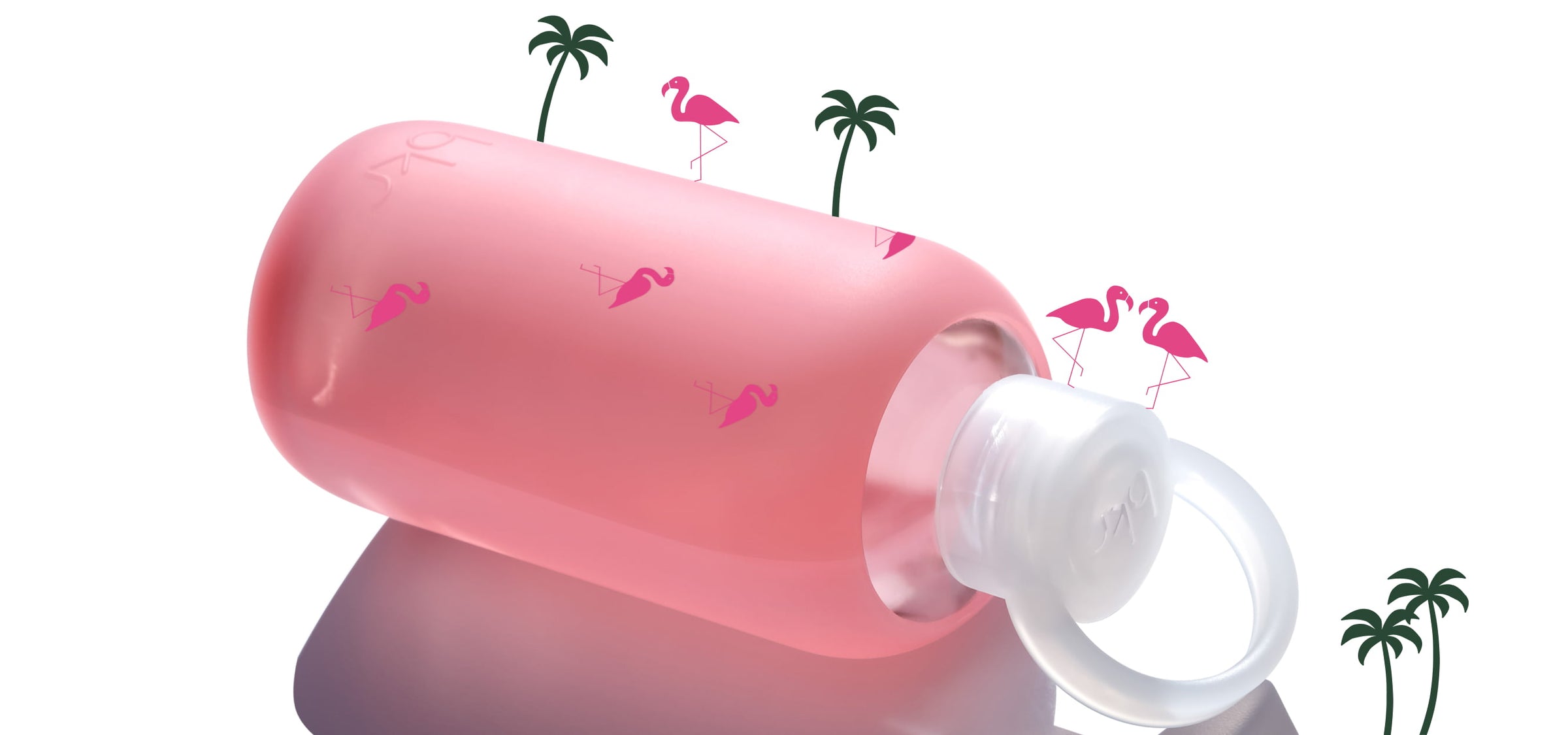 bkr glass and silicone reusable water bottles in Pink and Green with flamingo and palm tree prints