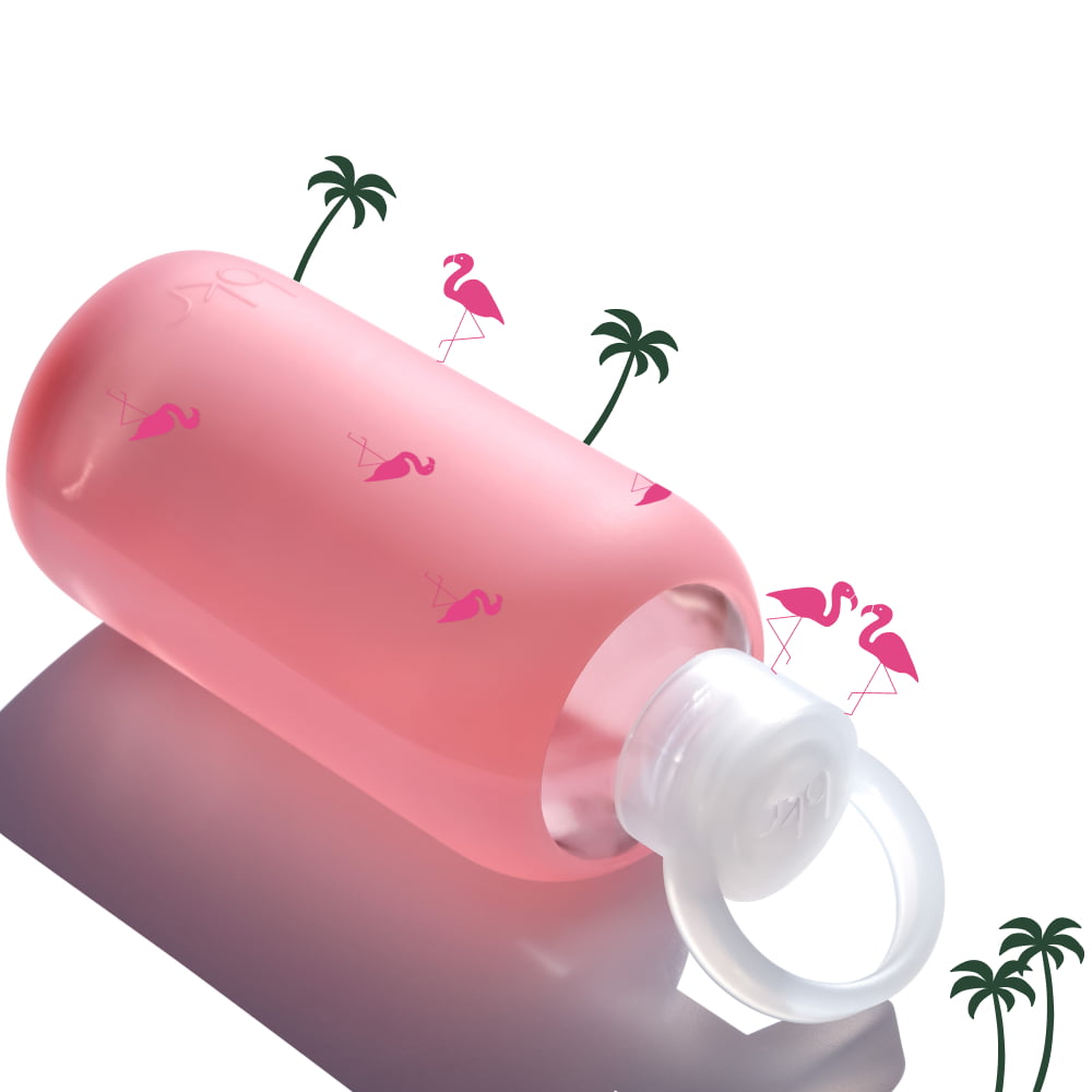 bkr glass and silicone reusable water bottles in Pink and Green with flamingo and palm tree prints