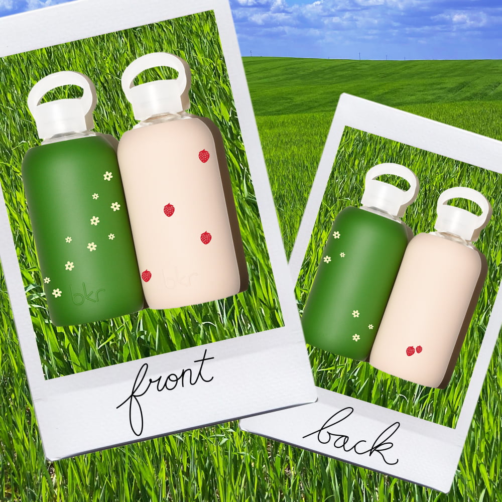 bkr glass and silicone water bottles in summer garden strawberry and daisy prints
