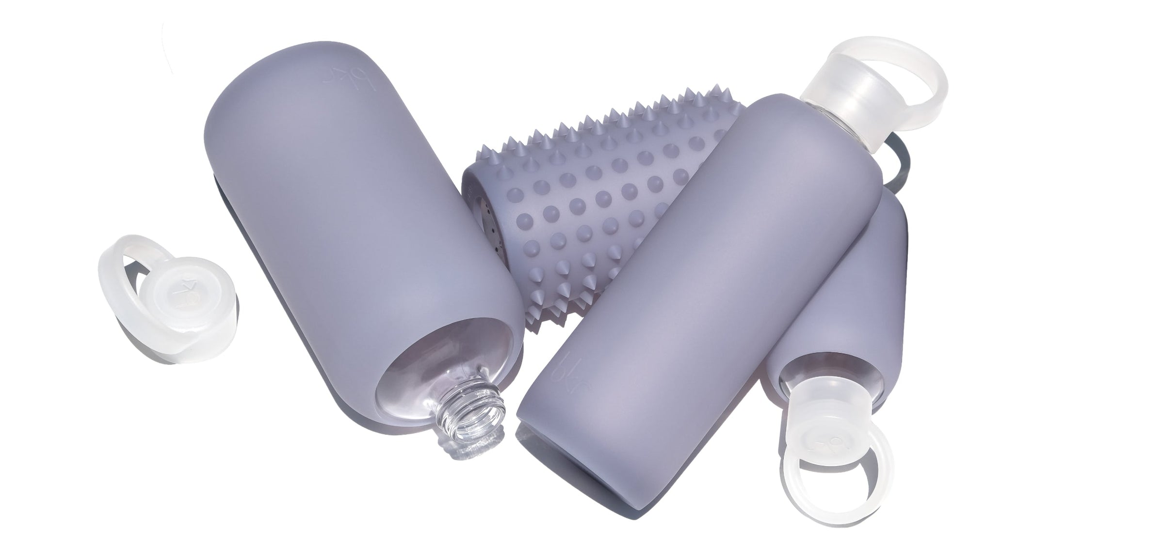bkr glass and silicone reusable water bottles in sheer smoky purple.