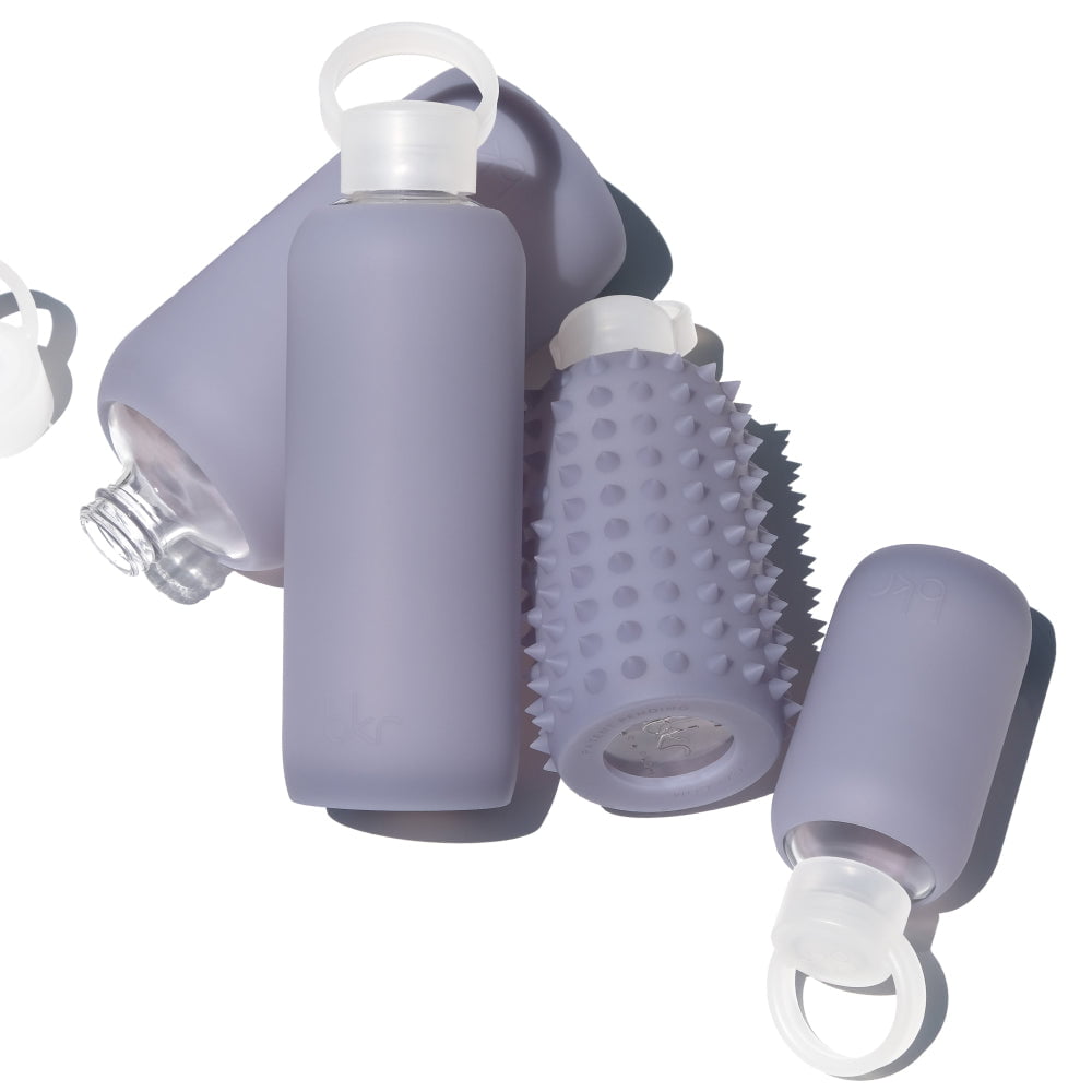 bkr glass and silicone reusable water bottles in sheer smoky purple.