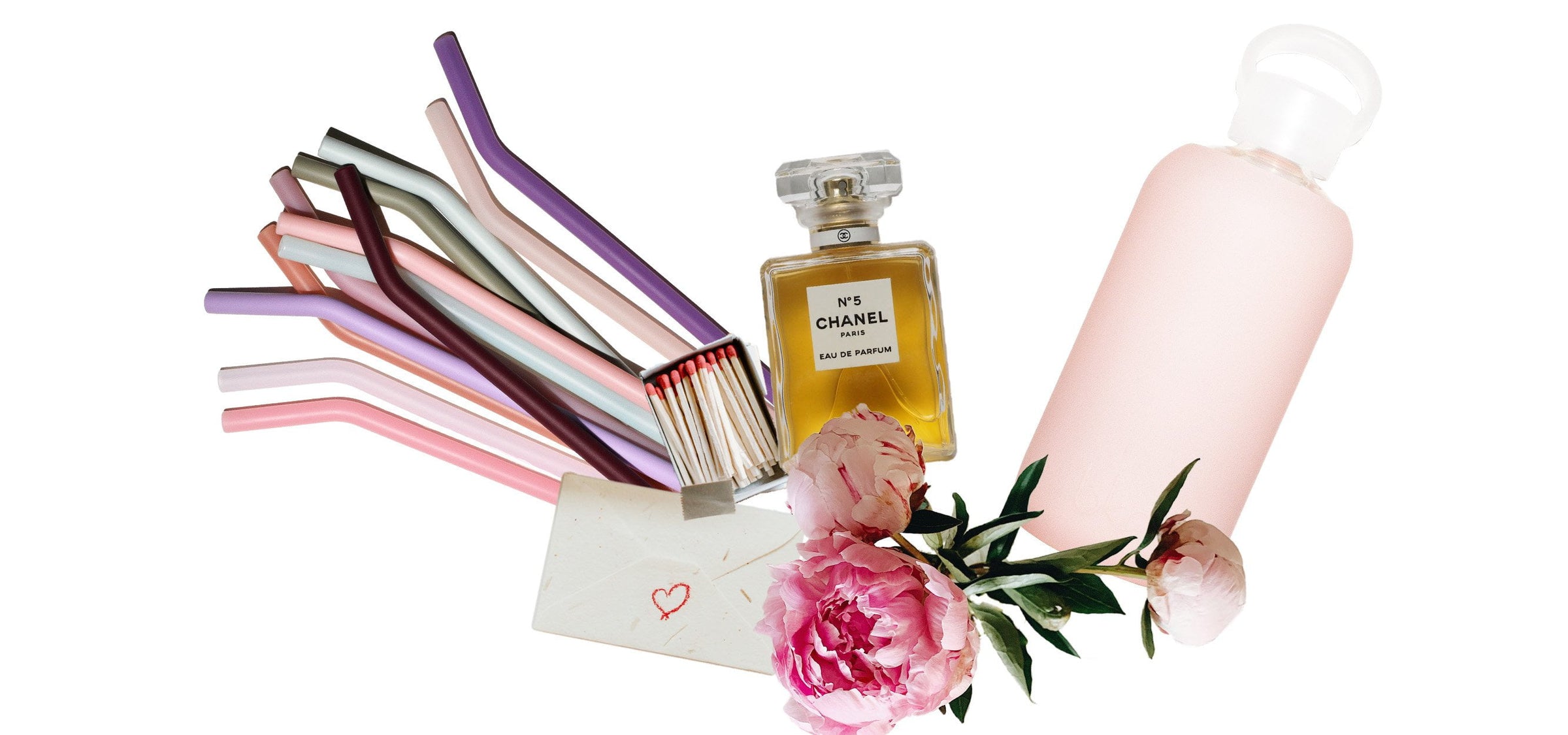 bkr glass and silicone water bottle with assorted straws with love notes and items