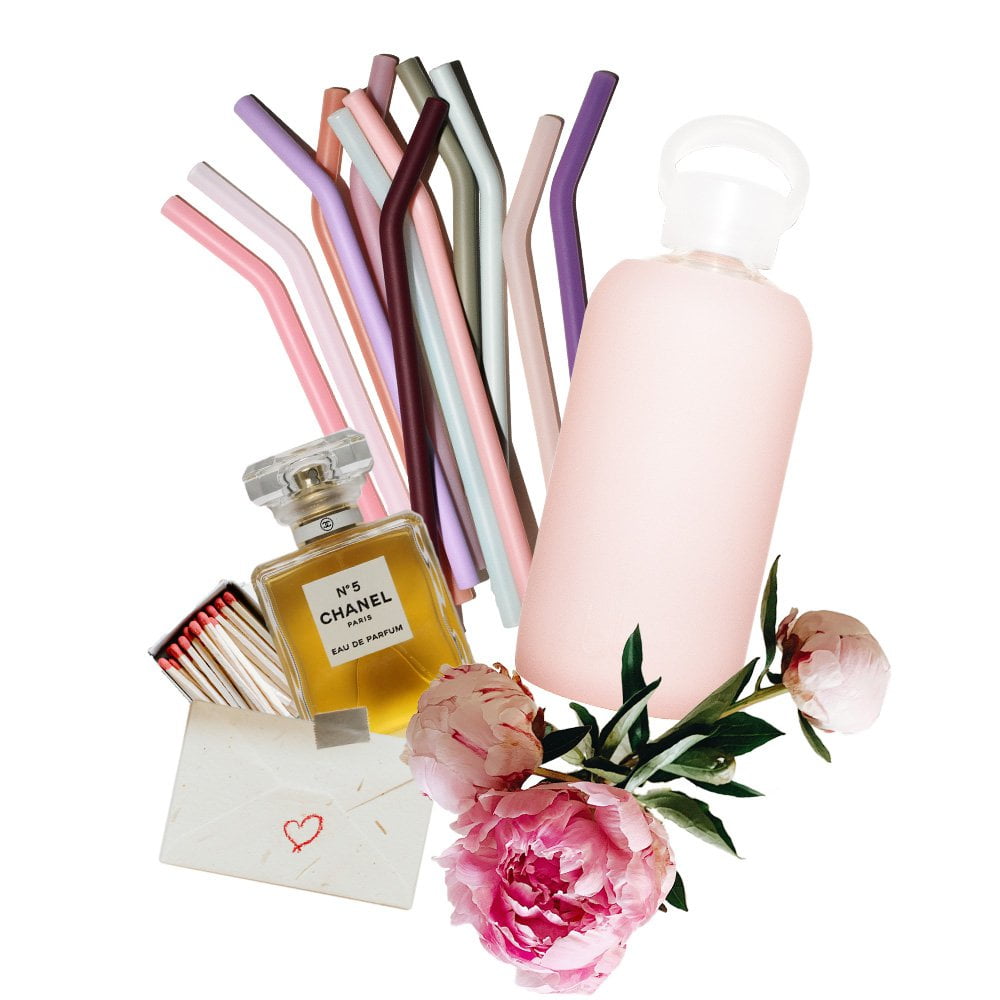 bkr glass and silicone water bottle with assorted straws with love notes and items