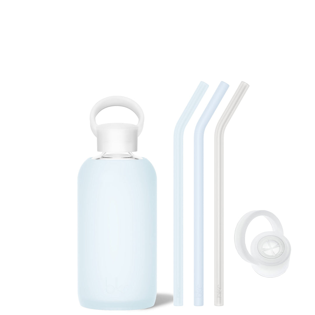 bkr Bottle Sip Kit: Glass + silicone water bottle + Silicone Straw + Straw Cap: 16oz ASTRID & THE SNOWDRIFT - LITTLE BOTTLE SIP KIT 500ML (16OZ)