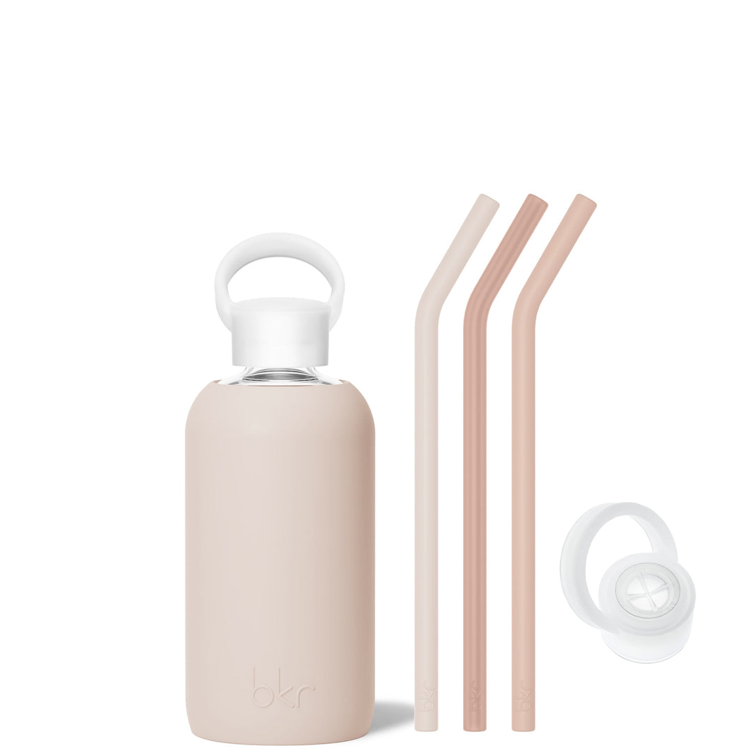 bkr Bottle Sip Kit: Glass + silicone water bottle + Silicone Straw + Straw Cap: 16oz DOE & THE MORNING CAPPUCCINO - LITTLE BOTTLE SIP KIT 500ML (16OZ)