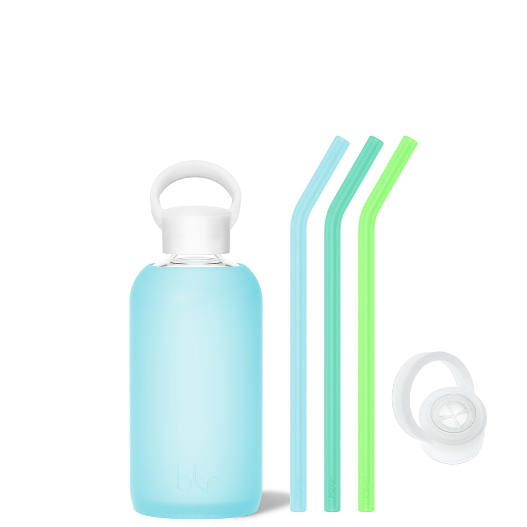 bkr Bottle Sip Kit: Glass + silicone water bottle + Silicone Straw + Straw Cap: 16oz ÉTOILE & THE NORTHERN LIGHTS - LITTLE BOTTLE SIP KIT 500ML (16OZ)