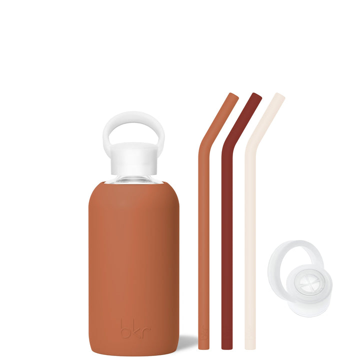 bkr Bottle Sip Kit: Glass + silicone water bottle + Silicone Straw + Straw Cap: 16oz FOX & THE FIRESIDE - LITTLE BOTTLE SIP KIT 500ML (16OZ)