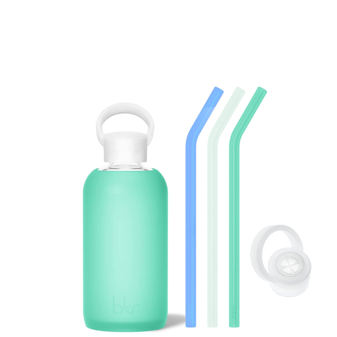 bkr Bottle Sip Kit: Glass + silicone water bottle + Silicone Straw + Straw Cap: 16oz JULES & THE SOUTHAMPTON - LITTLE BOTTLE SIP KIT 500ML (16OZ)