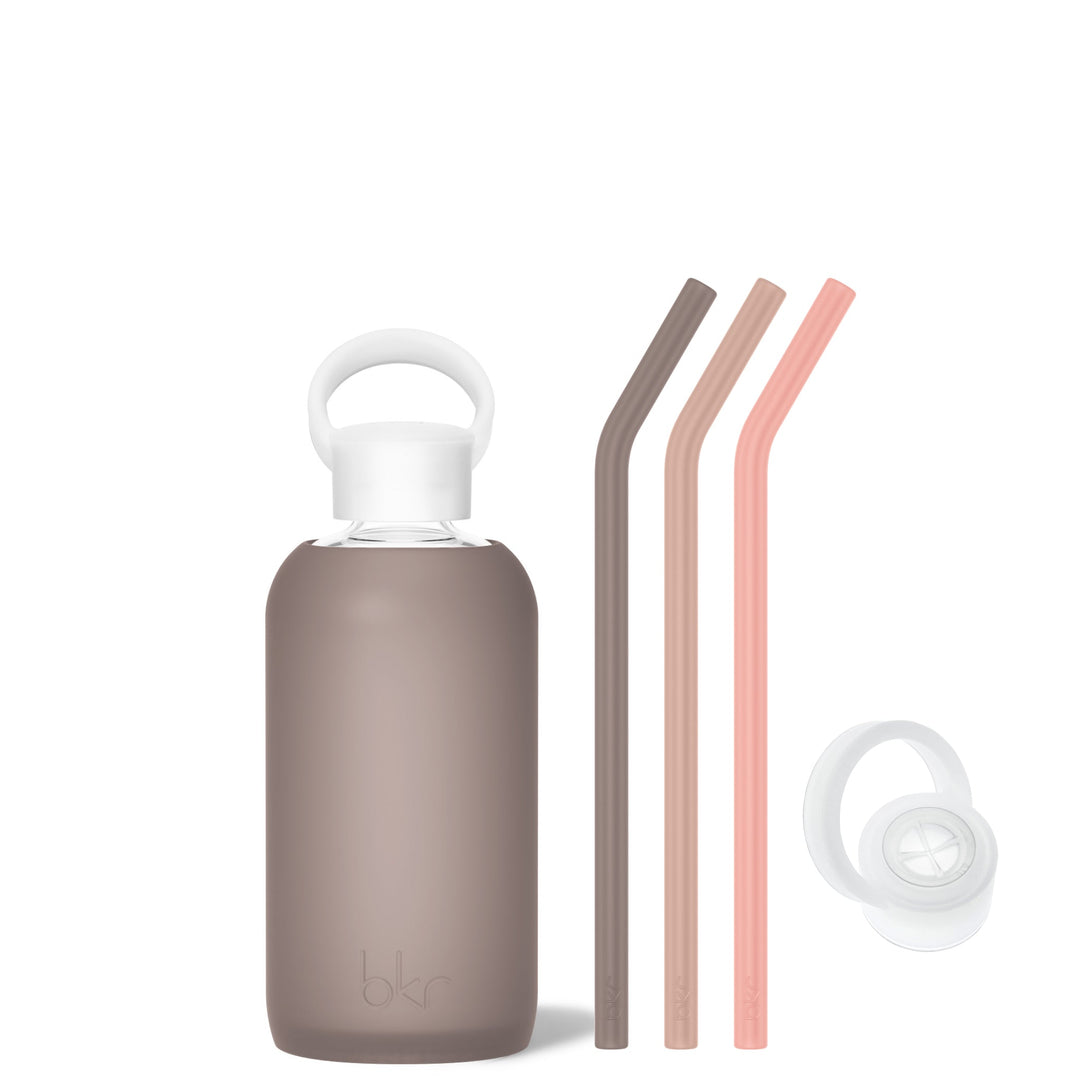 bkr Bottle Sip Kit: Glass + silicone water bottle + Silicone Straw + Straw Cap: 16oz PORTER & THE WARM EMBRACE - LITTLE BOTTLE SIP KIT 500ML (16OZ)