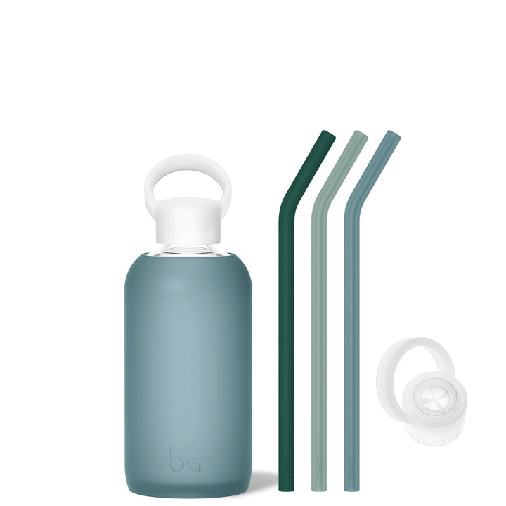 bkr Bottle Sip Kit: Glass + silicone water bottle + Silicone Straw + Straw Cap: 16oz RIVER & THE SEA FOREST - LITTLE BOTTLE SIP KIT 500ML (16OZ)