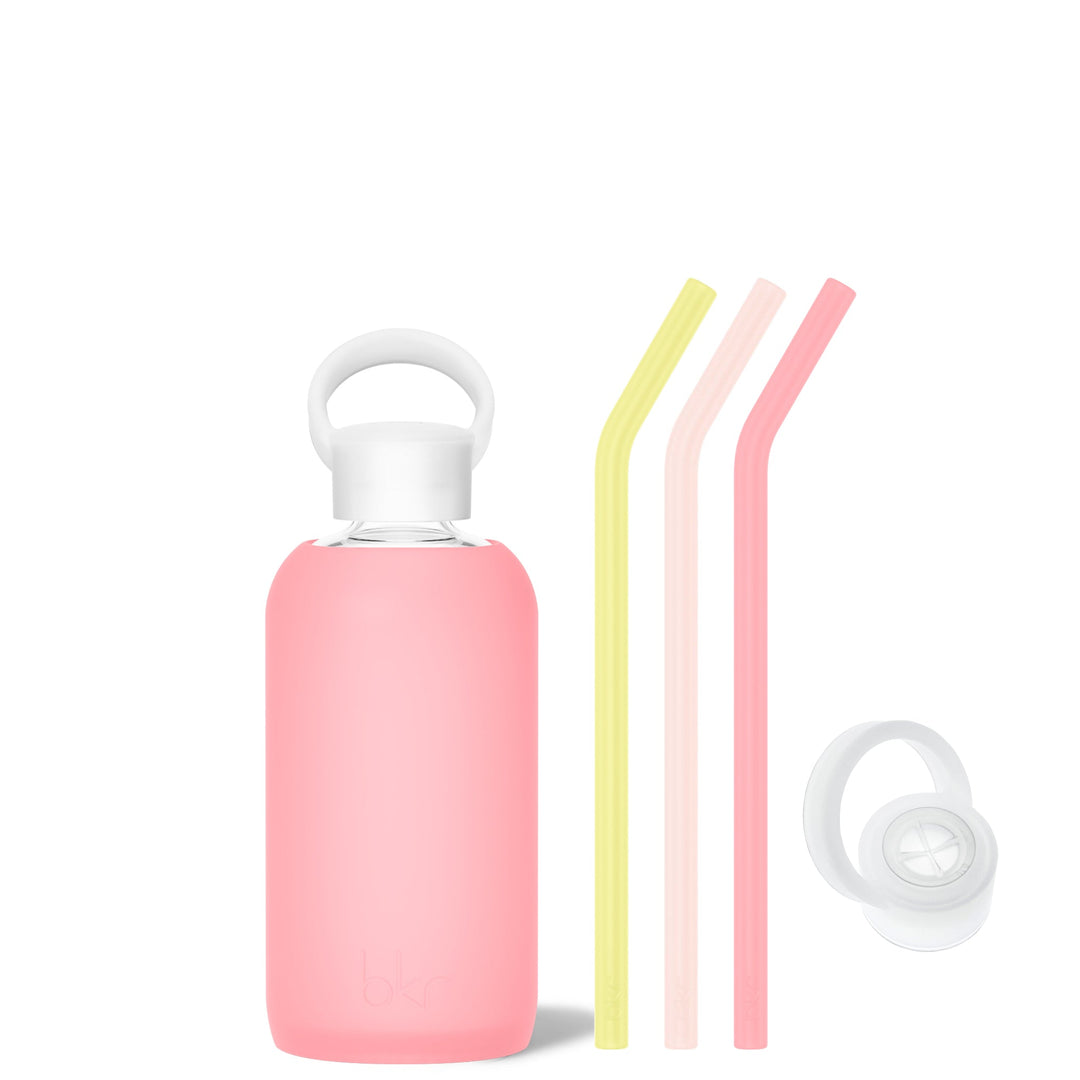 bkr Bottle Sip Kit: Glass + silicone water bottle + Silicone Straw + Straw Cap: 16oz ROSE & THE LEMONADE STAND - LITTLE BOTTLE SIP KIT 500ML (16OZ)