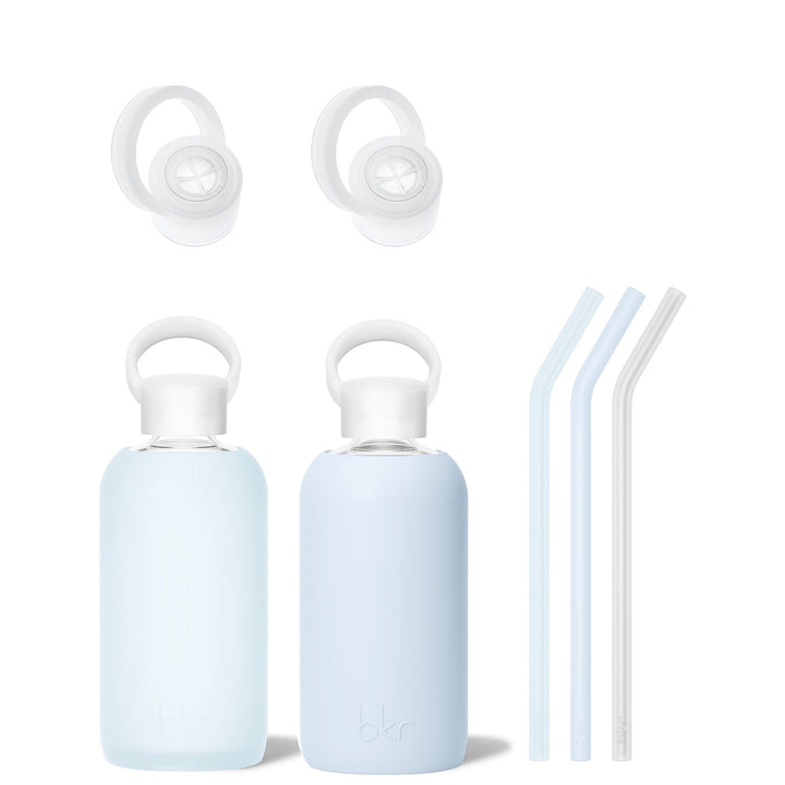 bkr Bottle Sip Kit: Glass + silicone water bottle + Silicone Straw + Straw Cap: 16oz SNOWDRIFT - LITTLE BOTTLE SIP KIT DUO 500L (16OZ)