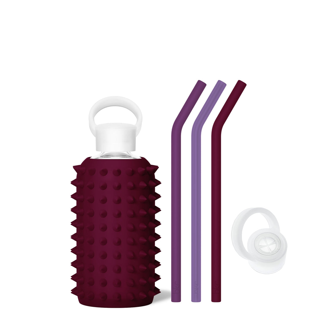 bkr Bottle Sip Kit: Glass + silicone water bottle + Silicone Straw + Straw Cap: 16oz VALENTINA SPIKED & THE MIDNIGHT CORDIAL - LITTLE BOTTLE SIP KIT 500ML (16OZ)