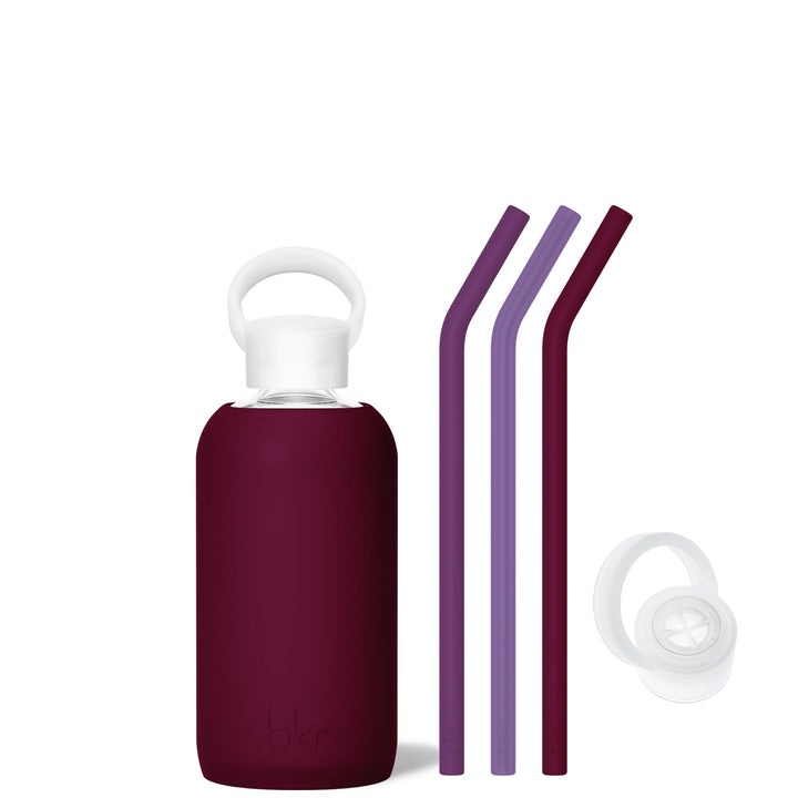 bkr Bottle Sip Kit: Glass + silicone water bottle + Silicone Straw + Straw Cap: 16oz VALENTINA & THE MIDNIGHT CORDIAL - LITTLE BOTTLE SIP KIT 500ML (16 OZ)