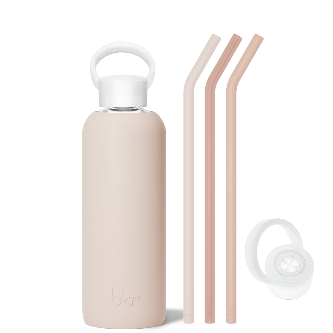 bkr Bottle Sip Kit: Glass + silicone water bottle + Silicone Straw + Straw Cap: 22oz DOE & THE MORNING CAPPUCCINO - DEMI BOTTLE SIP KIT 650ML (22OZ)