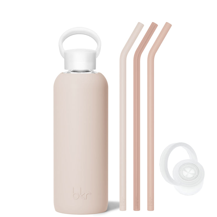 bkr Bottle Sip Kit: Glass + silicone water bottle + Silicone Straw + Straw Cap: 22oz DOE & THE MORNING CAPPUCCINO - DEMI BOTTLE SIP KIT 650ML (22OZ)