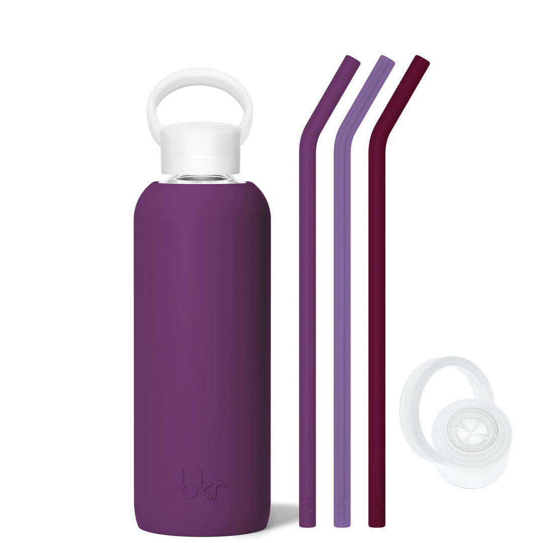 bkr Bottle Sip Kit: Glass + silicone water bottle + Silicone Straw + Straw Cap: 22oz ERIS & THE MIDNIGHT CORDIAL - DEMI BOTTLE SIP KIT 650ML (22OZ)