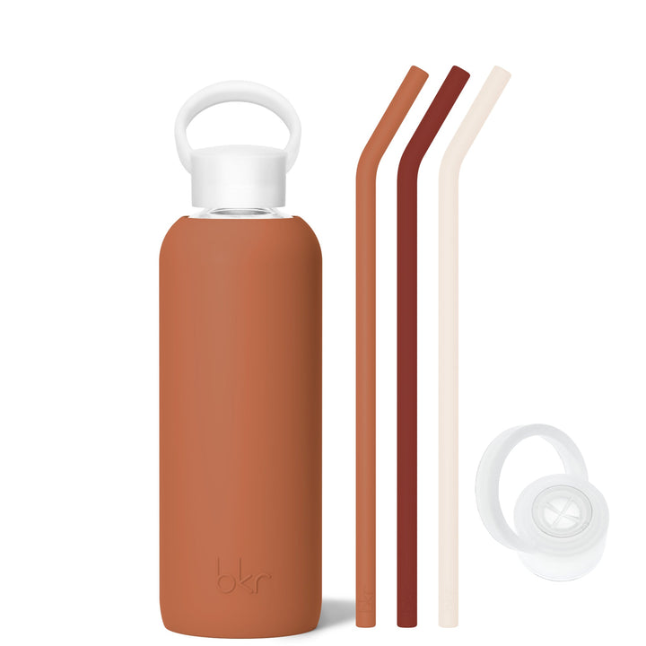 bkr Bottle Sip Kit: Glass + silicone water bottle + Silicone Straw + Straw Cap: 22oz FOX & THE FIRESIDE - DEMI BOTTLE SIP KIT 650ML (22OZ)