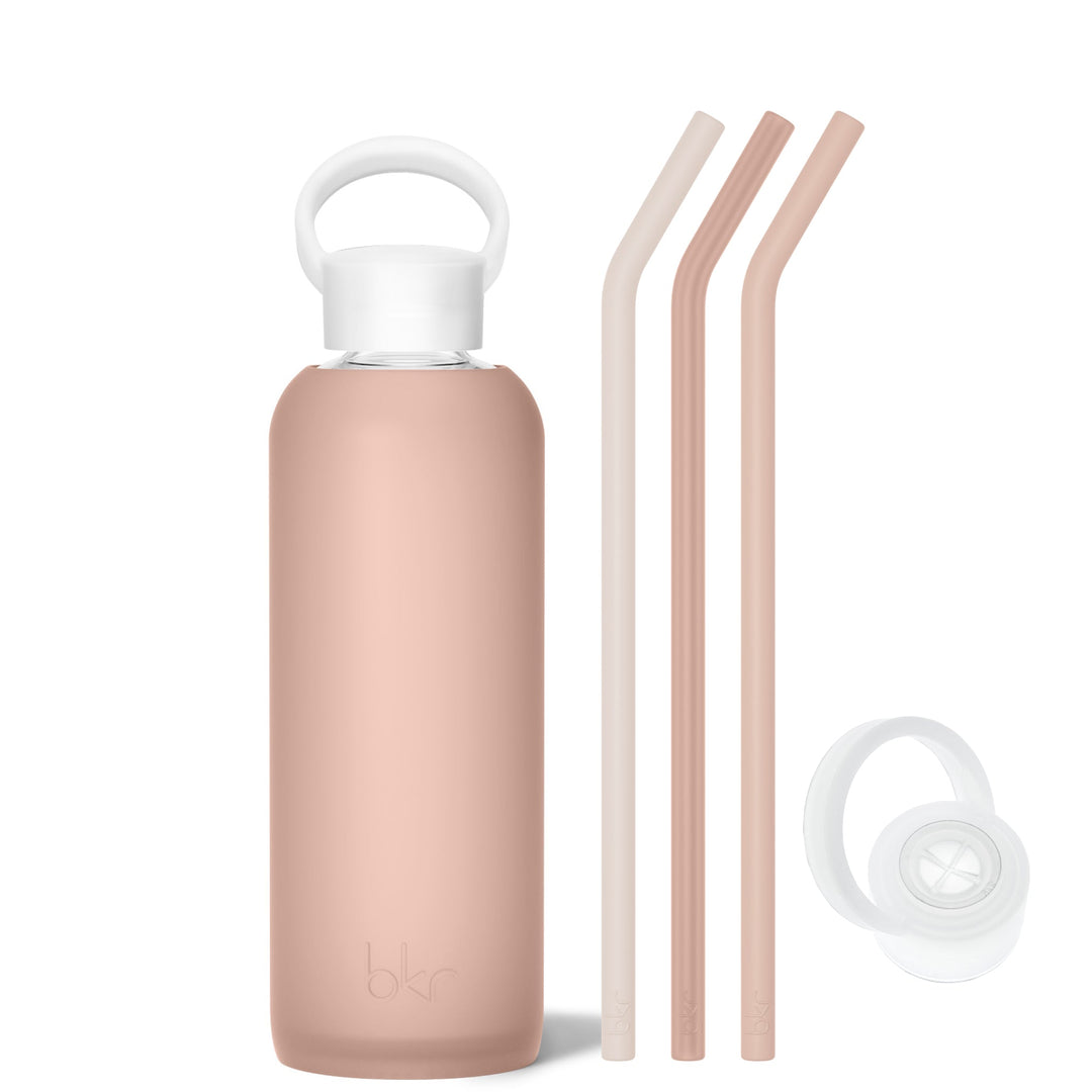 bkr Bottle Sip Kit: Glass + silicone water bottle + Silicone Straw + Straw Cap: 22oz HONEYMOON & THE MORNING CAPPUCCINO - DEMI BOTTLE SIP KIT 650ML (22OZ)