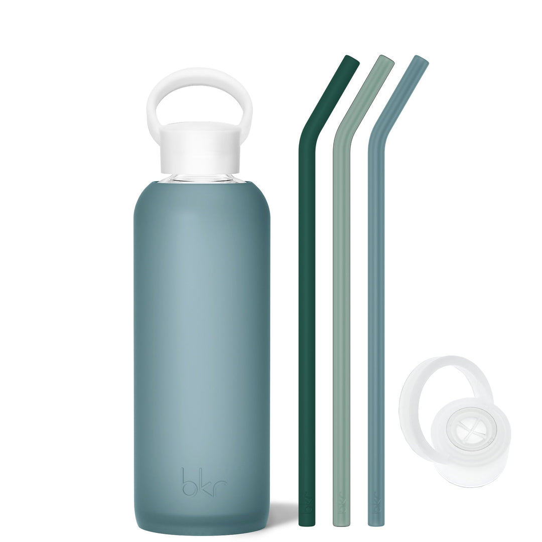 bkr Bottle Sip Kit: Glass + silicone water bottle + Silicone Straw + Straw Cap: 22oz RIVER & THE SEA FOREST - DEMI BOTTLE SIP KIT 650ML (22OZ)