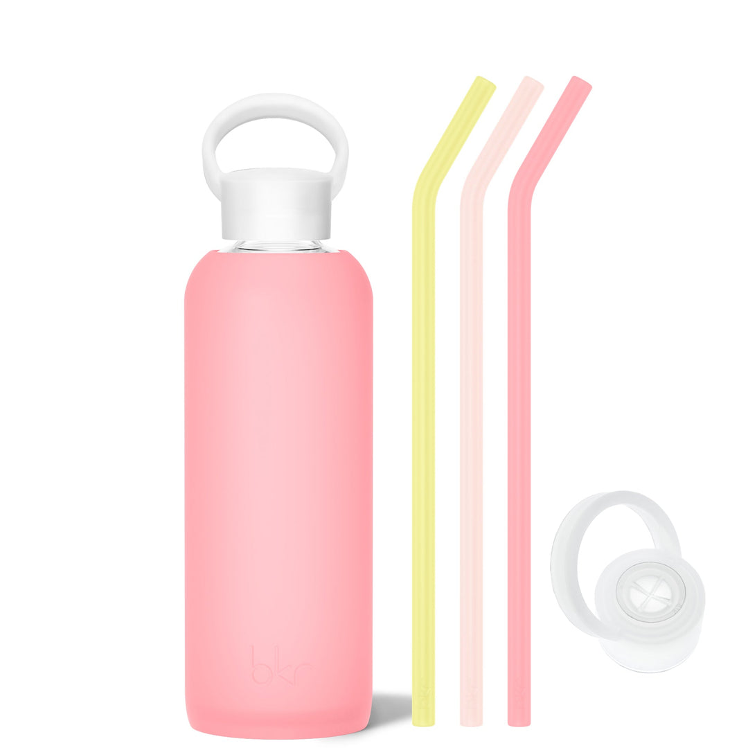 bkr Bottle Sip Kit: Glass + silicone water bottle + Silicone Straw + Straw Cap: 22oz ROSE & THE LEMONADE STAND - DEMI BOTTLE SIP KIT 650ML (22OZ)