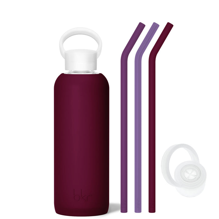 bkr Bottle Sip Kit: Glass + silicone water bottle + Silicone Straw + Straw Cap: 22oz VALENTINA & THE MIDNIGHT CORDIAL - DEMI BOTTLE SIP KIT 650mL (22 OZ)