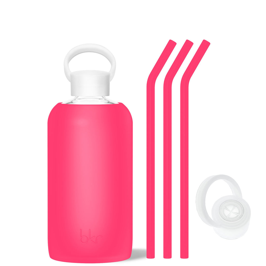 bkr Bottle Sip Kit: Glass + silicone water bottle + Silicone Straw + Straw Cap: 32oz DEBBIE - BIG BOTTLE SIP KIT 1L (32OZ)