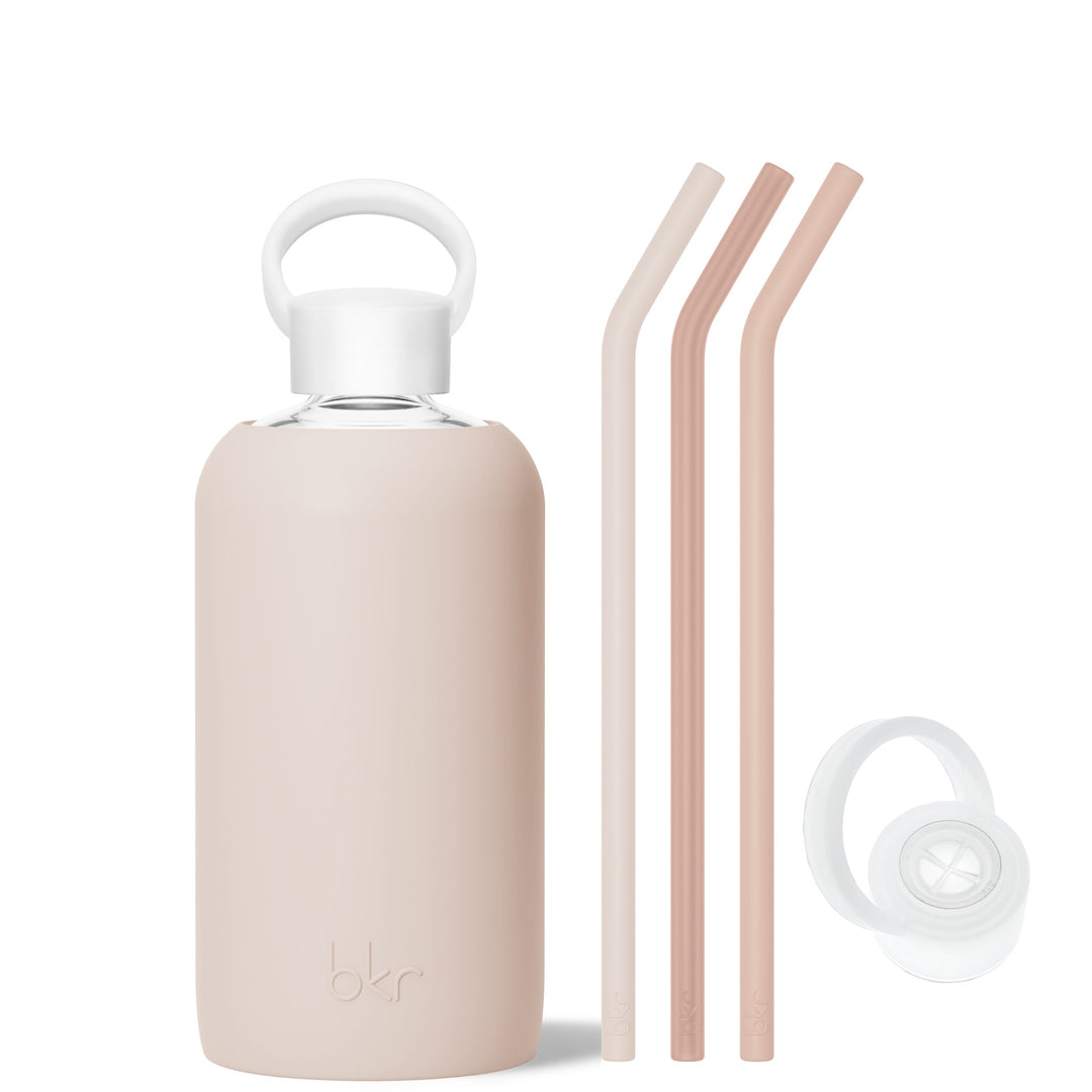 bkr Bottle Sip Kit: Glass + silicone water bottle + Silicone Straw + Straw Cap: 32oz DOE & THE MORNING CAPPUCCINO - BIG BOTTLE SIP KIT 1L (32OZ)