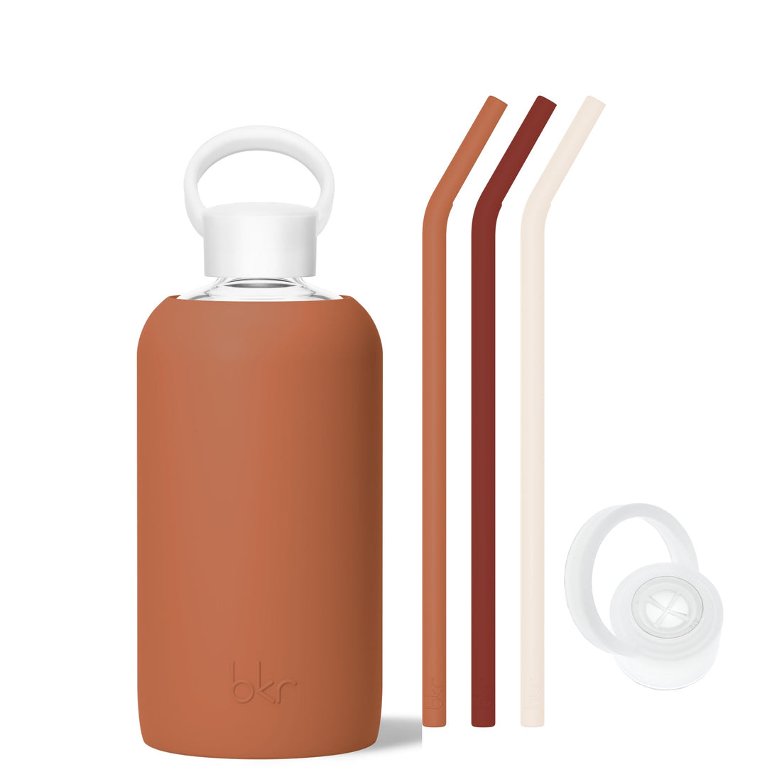 bkr Bottle Sip Kit: Glass + silicone water bottle + Silicone Straw + Straw Cap: 32oz FOX & THE FIRESIDE - BIG BOTTLE SIP KIT 1L (32OZ)
