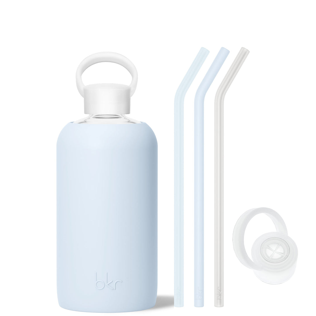 bkr Bottle Sip Kit: Glass + silicone water bottle + Silicone Straw + Straw Cap: 32oz GRACE & THE SNOWDRIFT - BIG BOTTLE SIP KIT 1L (32OZ)