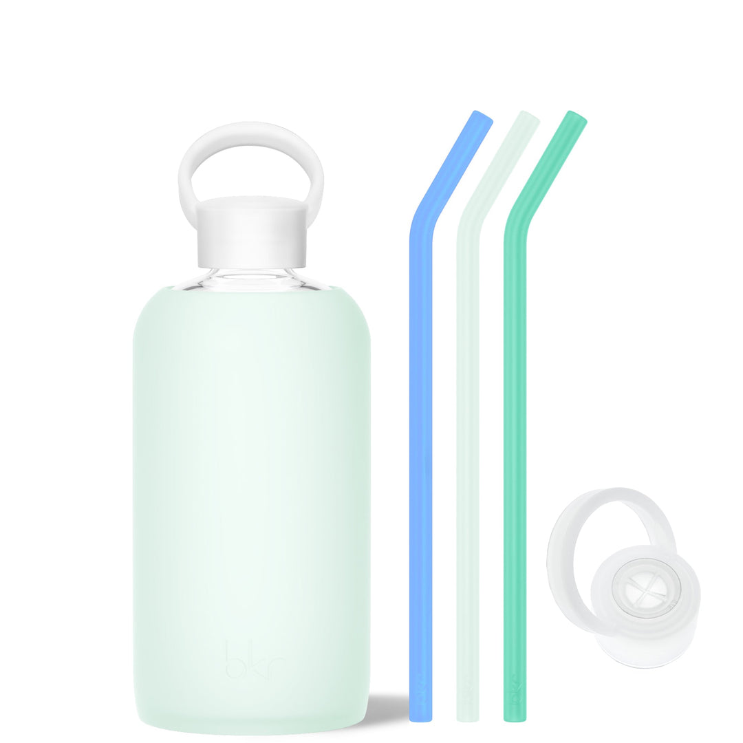 bkr Bottle Sip Kit: Glass + silicone water bottle + Silicone Straw + Straw Cap: 32oz HAVEN & THE SOUTHAMPTON - BIG BOTTLE SIP KIT 1L (32OZ)