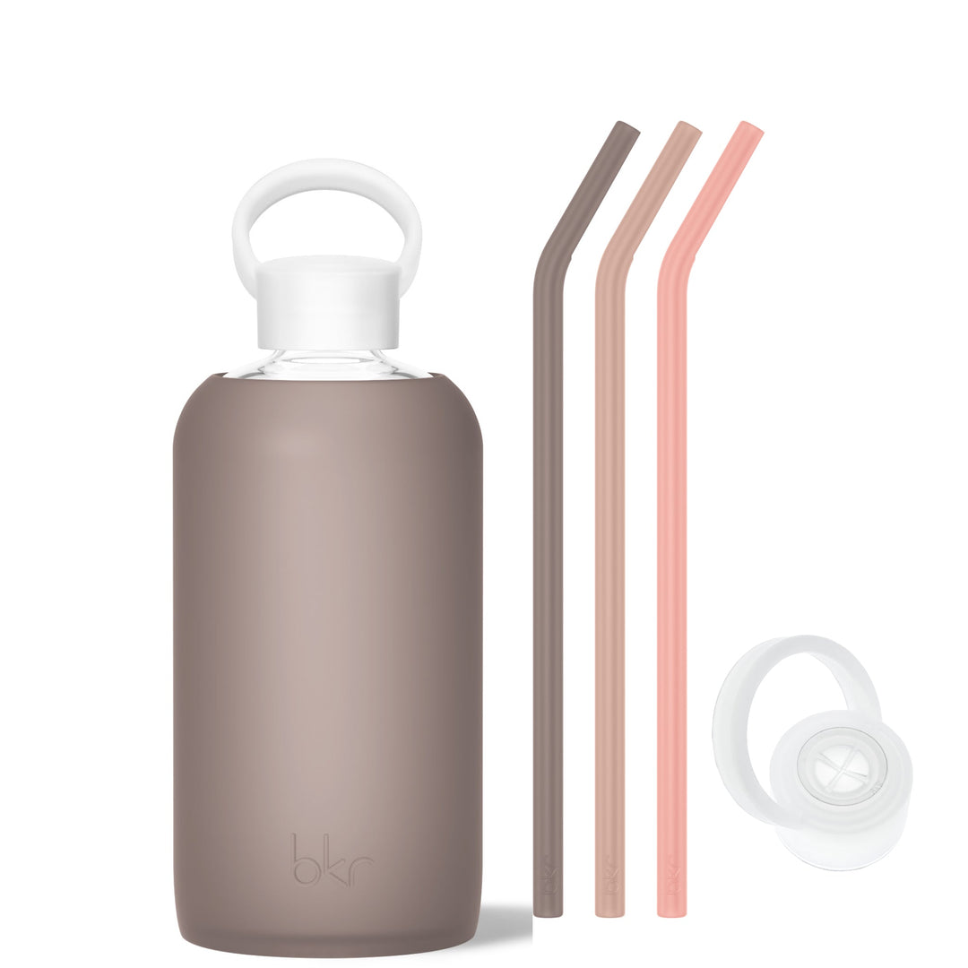 bkr Bottle Sip Kit: Glass + silicone water bottle + Silicone Straw + Straw Cap: 32oz PORTER & THE WARM EMBRACE - BIG BOTTLE SIP KIT 1L (32OZ)