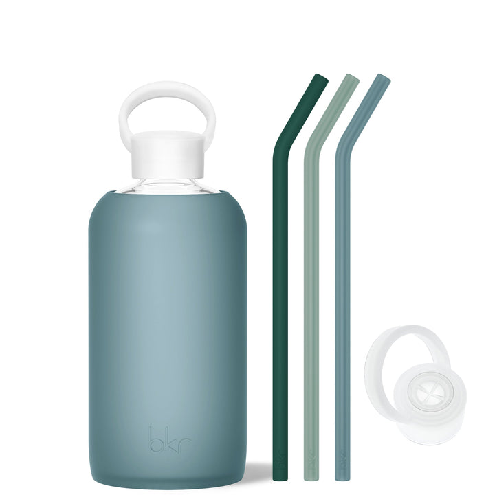 bkr Bottle Sip Kit: Glass + silicone water bottle + Silicone Straw + Straw Cap: 32oz RIVER & THE SEA FOREST - BIG BOTTLE SIP KIT 1L (32OZ)