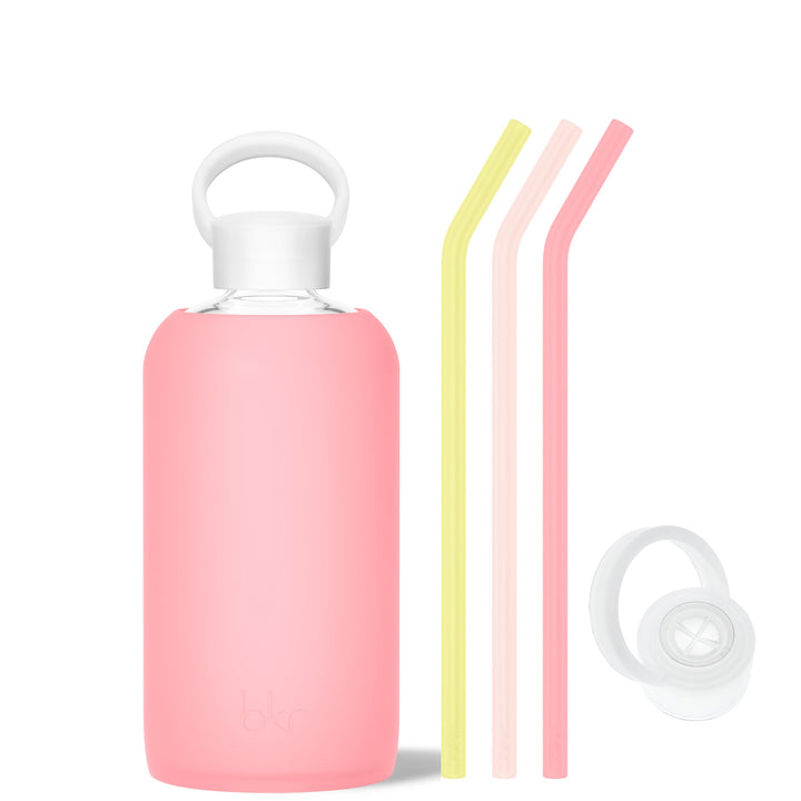 bkr Bottle Sip Kit: Glass + silicone water bottle + Silicone Straw + Straw Cap: 32oz ROSE & THE LEMONADE STAND - BIG BOTTLE SIP KIT 1L (32OZ)