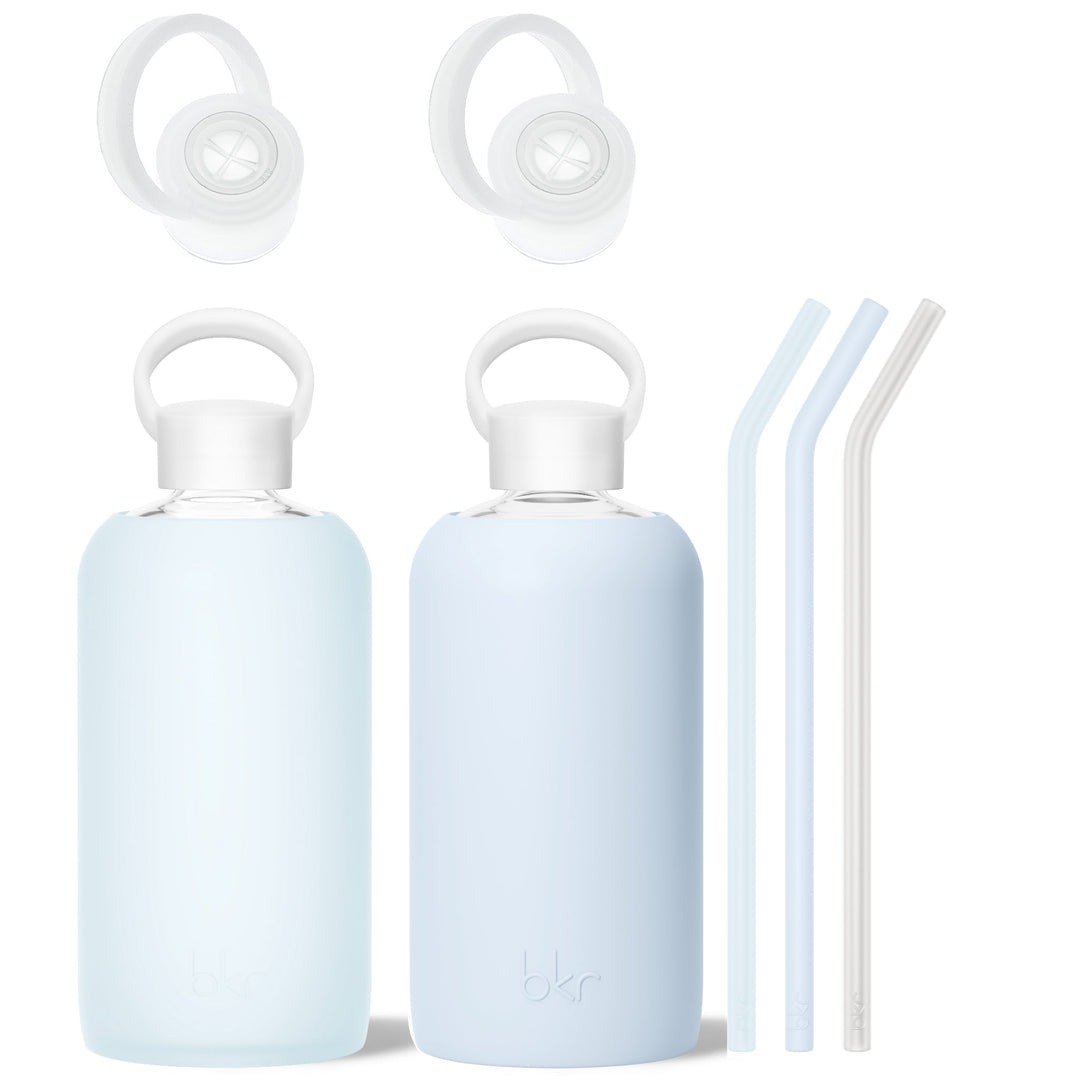 bkr Bottle Sip Kit: Glass + silicone water bottle + Silicone Straw + Straw Cap: 32oz SNOWDRIFT - BIG BOTTLE SIP KIT DUO 1L (32OZ)