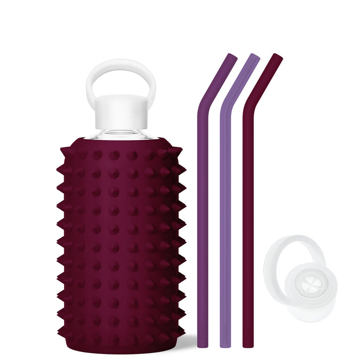 bkr Bottle Sip Kit: Glass + silicone water bottle + Silicone Straw + Straw Cap: 32oz VALENTINA SPIKED & THE MIDNIGHT CORDIAL - BIG BOTTLE SIP KIT 1L (32OZ)