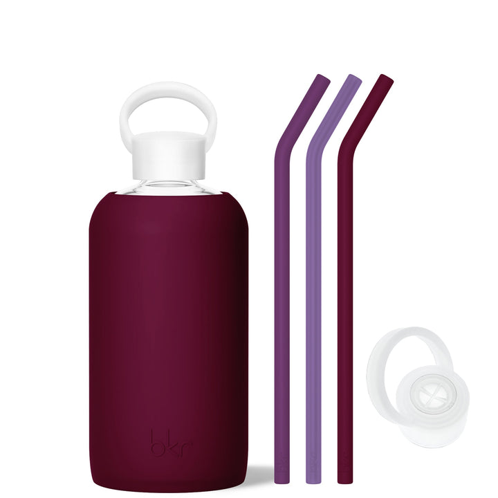 bkr Bottle Sip Kit: Glass + silicone water bottle + Silicone Straw + Straw Cap: 32oz VALENTINA & THE MIDNIGHT CORDIAL - BIG BOTTLE SIP KIT 1L (32 OZ)