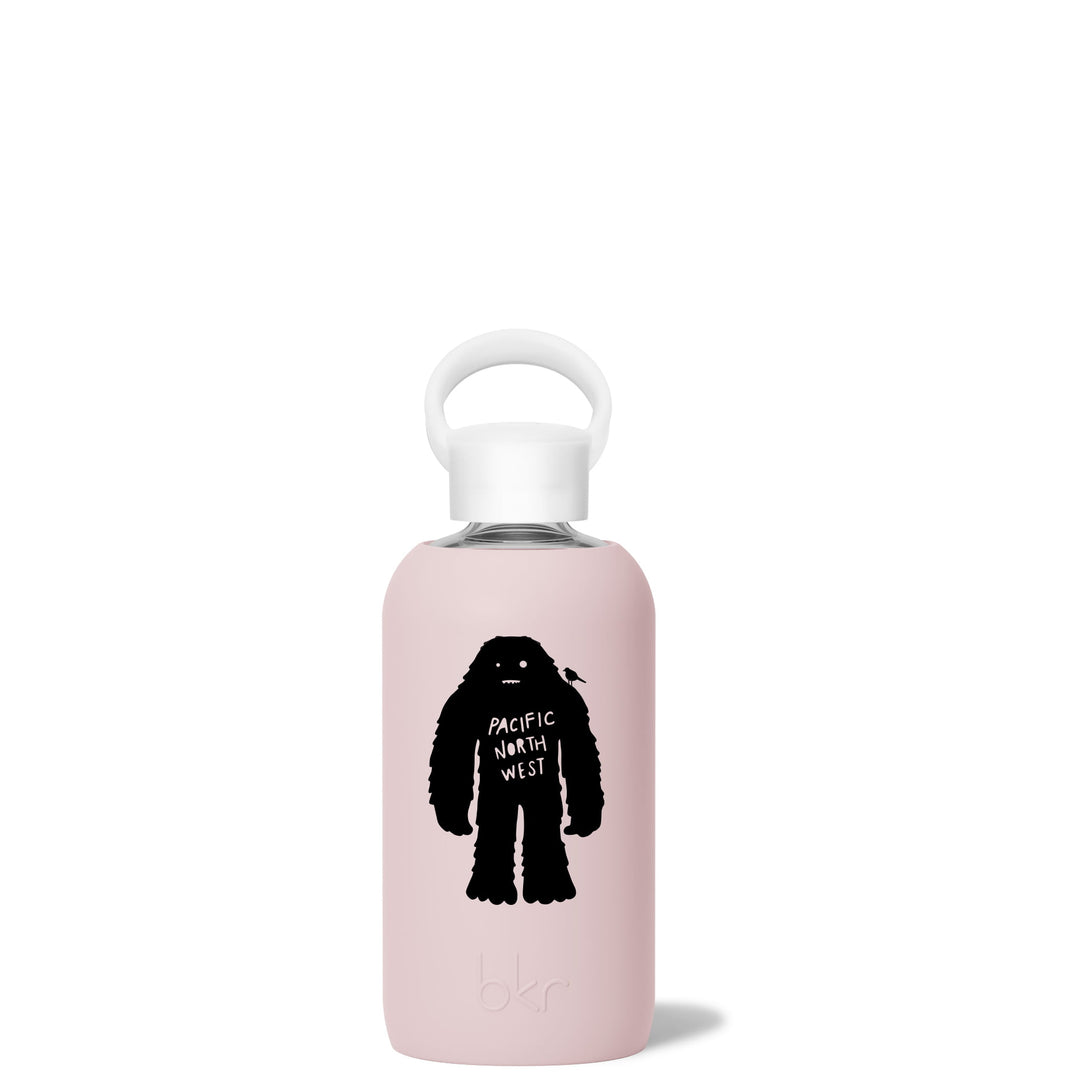 bkr glass water bottle with silicone sleeve in light pink Lulu PNW Sasquatch  Little bottle 500mL (16oz)