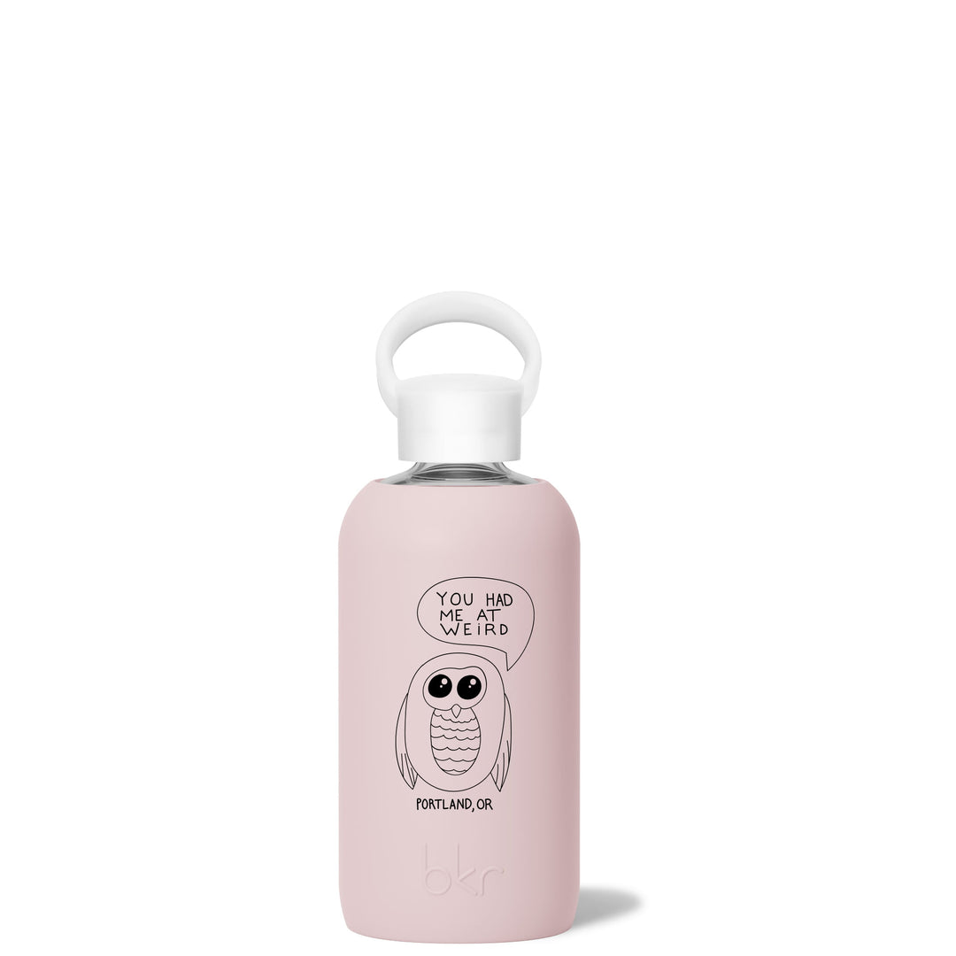 bkr glass water bottle with silicone sleeve in light pink Lulu Portland weird owl Big bottle 1L (32oz)