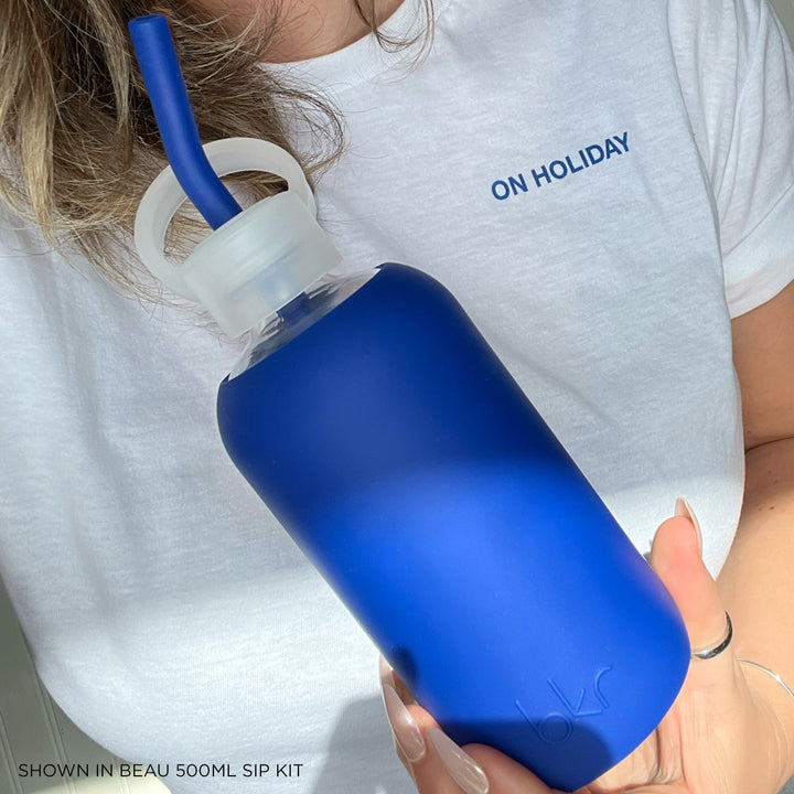bkr Sip Kit: Silicone Straw + Cap + Glass Water Bottle: 16oz BEAU & THE CUTE BUOY BLUES SIP KIT 500ML (16 OZ)